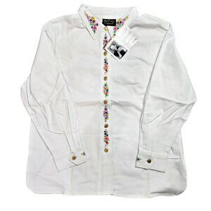 Bob Mackie Embroidered Top/Coat Women XL Maypole Flowers White Gold Buttons